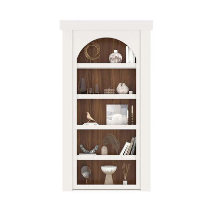 Murphy Door® white bookcase with dark wood back, displaying decorative vases, books, and ornaments on five shelves.