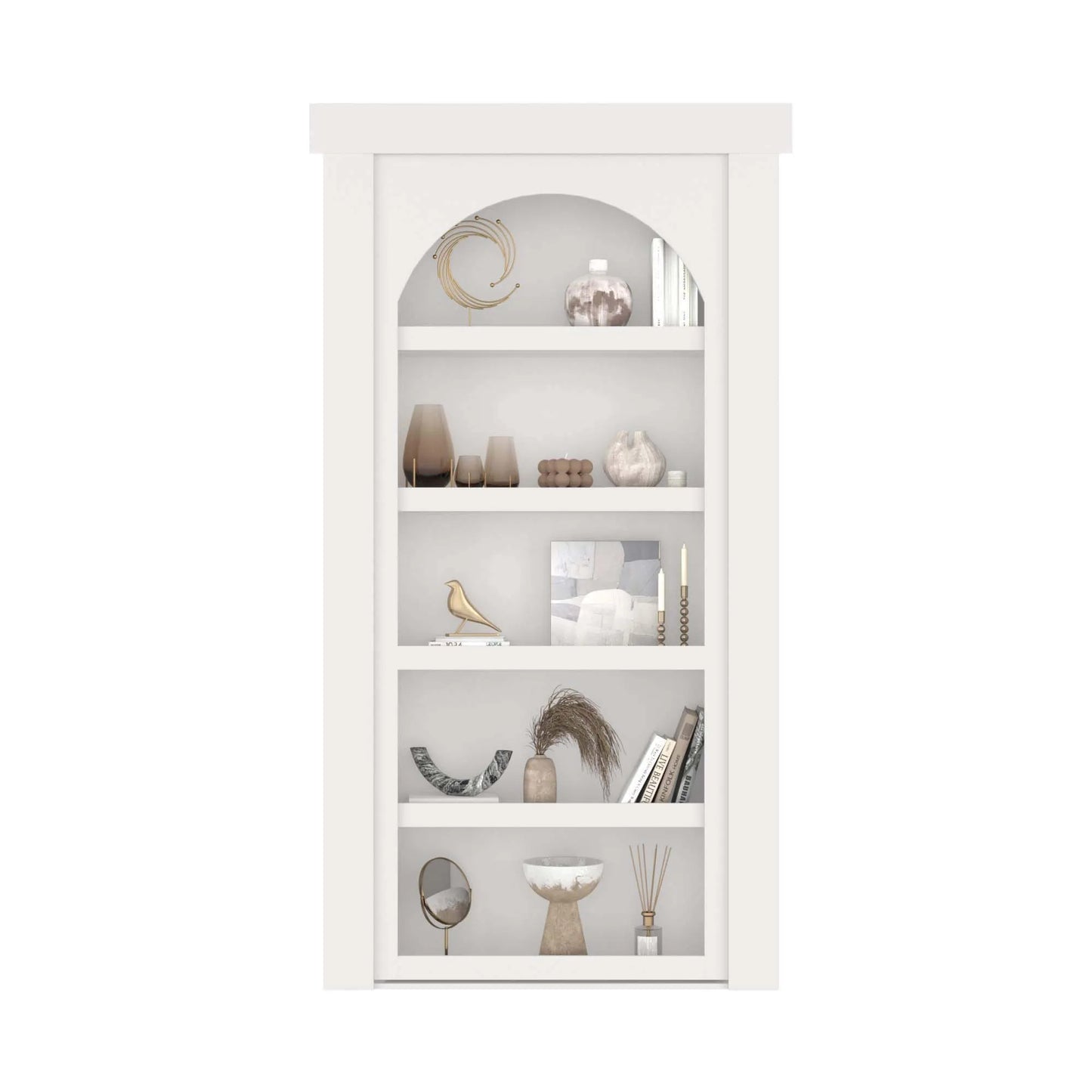 Murphy Door® white bookcase with decorative items arranged on five shelves in a neutral color palette.
