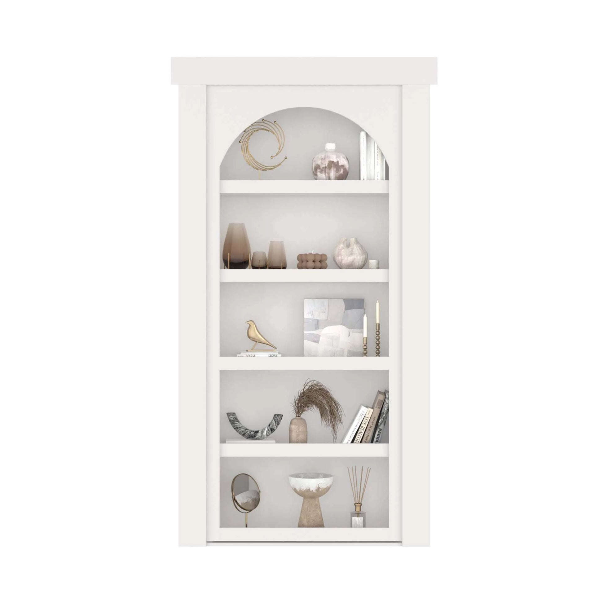 Murphy Door® white bookcase with decorative items arranged on five shelves in a neutral color palette.
