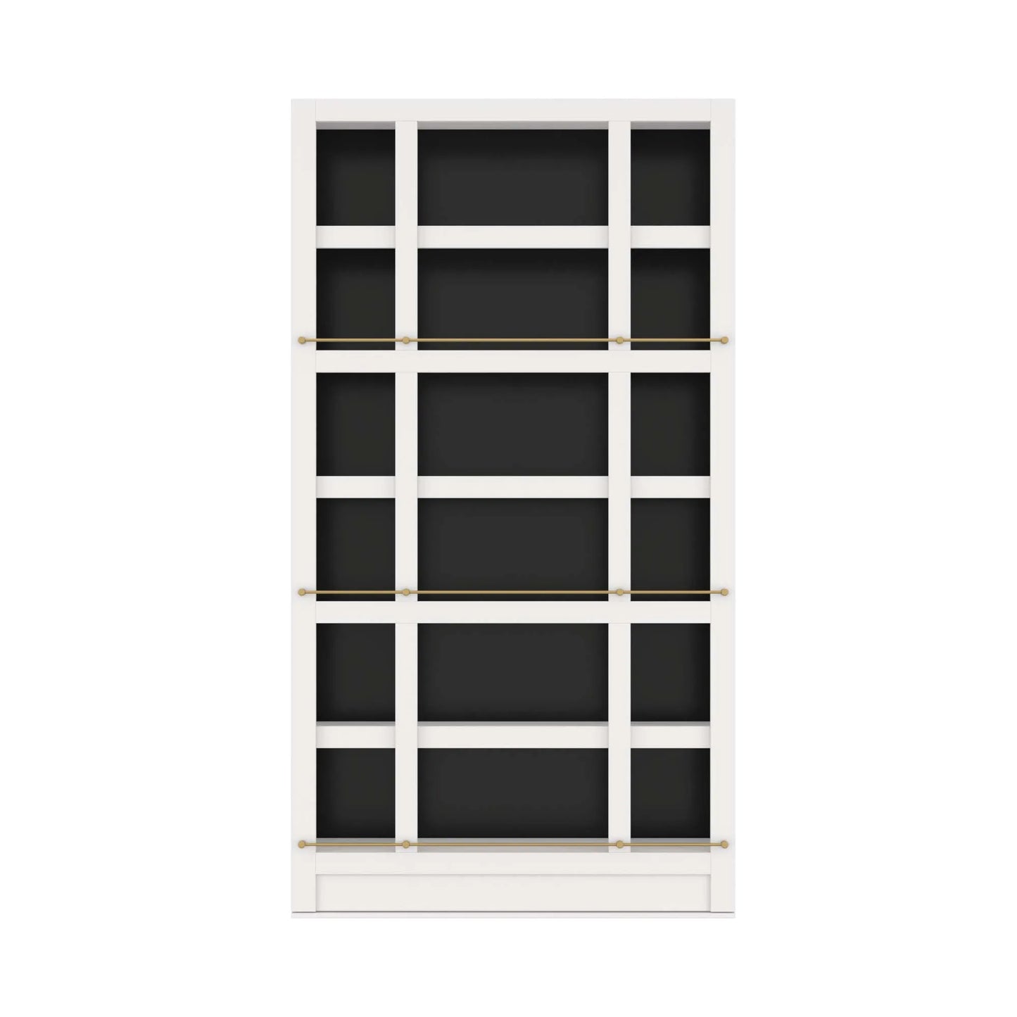 Murphy Door® white bookcase hidden door with grid design, black backing, and brass hardware rails for concealed storage solution.