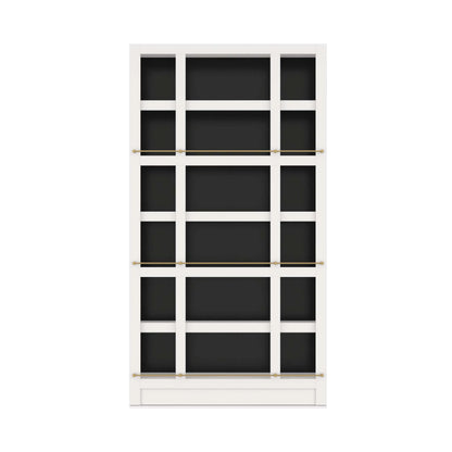 Murphy Door® white bookcase hidden door with grid design, black backing, and brass hardware rails for concealed storage solution.