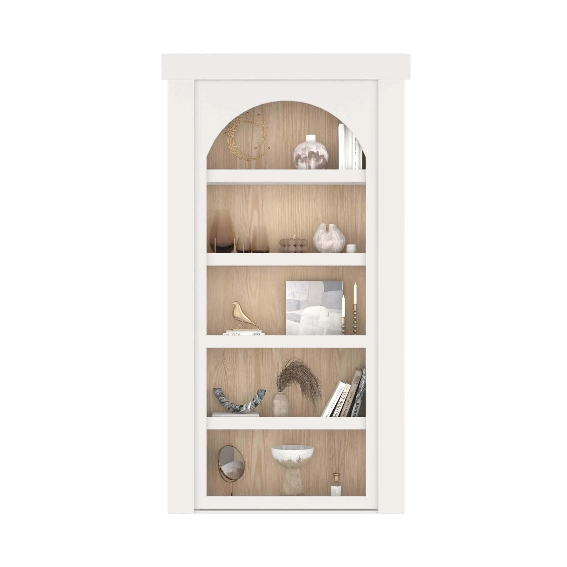 Murphy Door® white bookcase hidden door with natural wood back panel and decorative items displayed on five shelves.