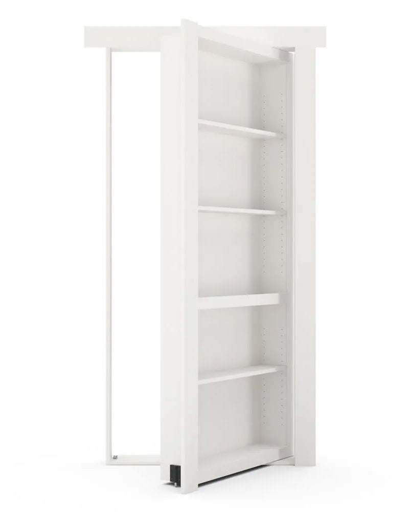 Murphy Door® white bookshelf hidden door, partially opened to reveal interior shelving with adjustable height options.