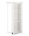 Murphy Door® white bookshelf hidden door, partially opened to reveal adjustable shelving, functioning as both storage and secret entryway.
