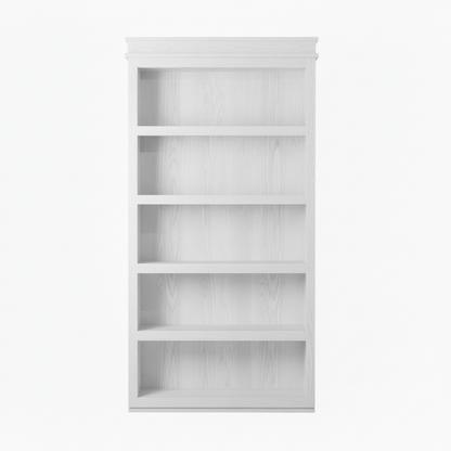 Murphy Door® white wooden bookcase with five empty shelves, featuring classic crown molding and wood grain finish.
