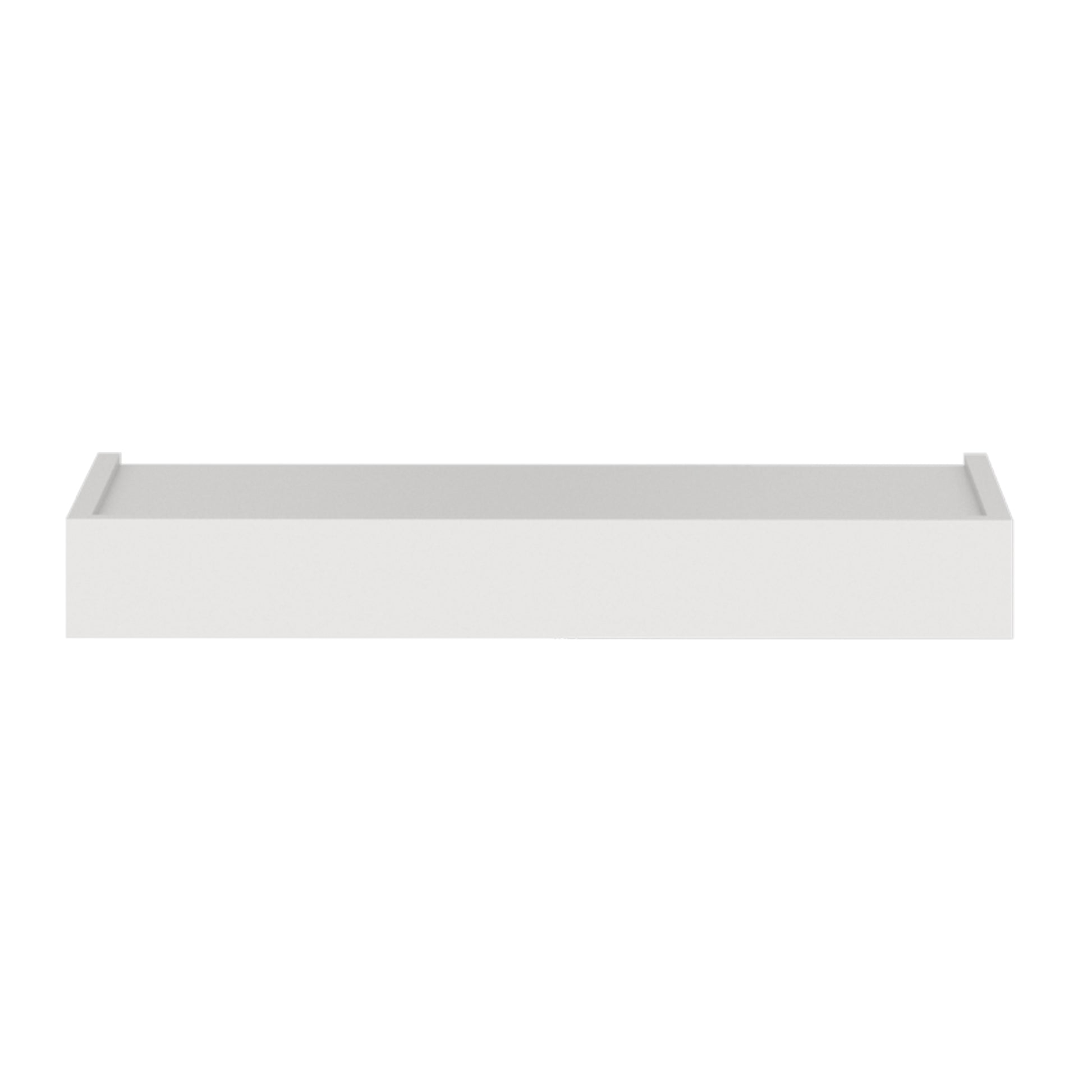 Murphy Door® white floating wall shelf. Long, minimalist ledge with a subtle raised edge and matte finish.