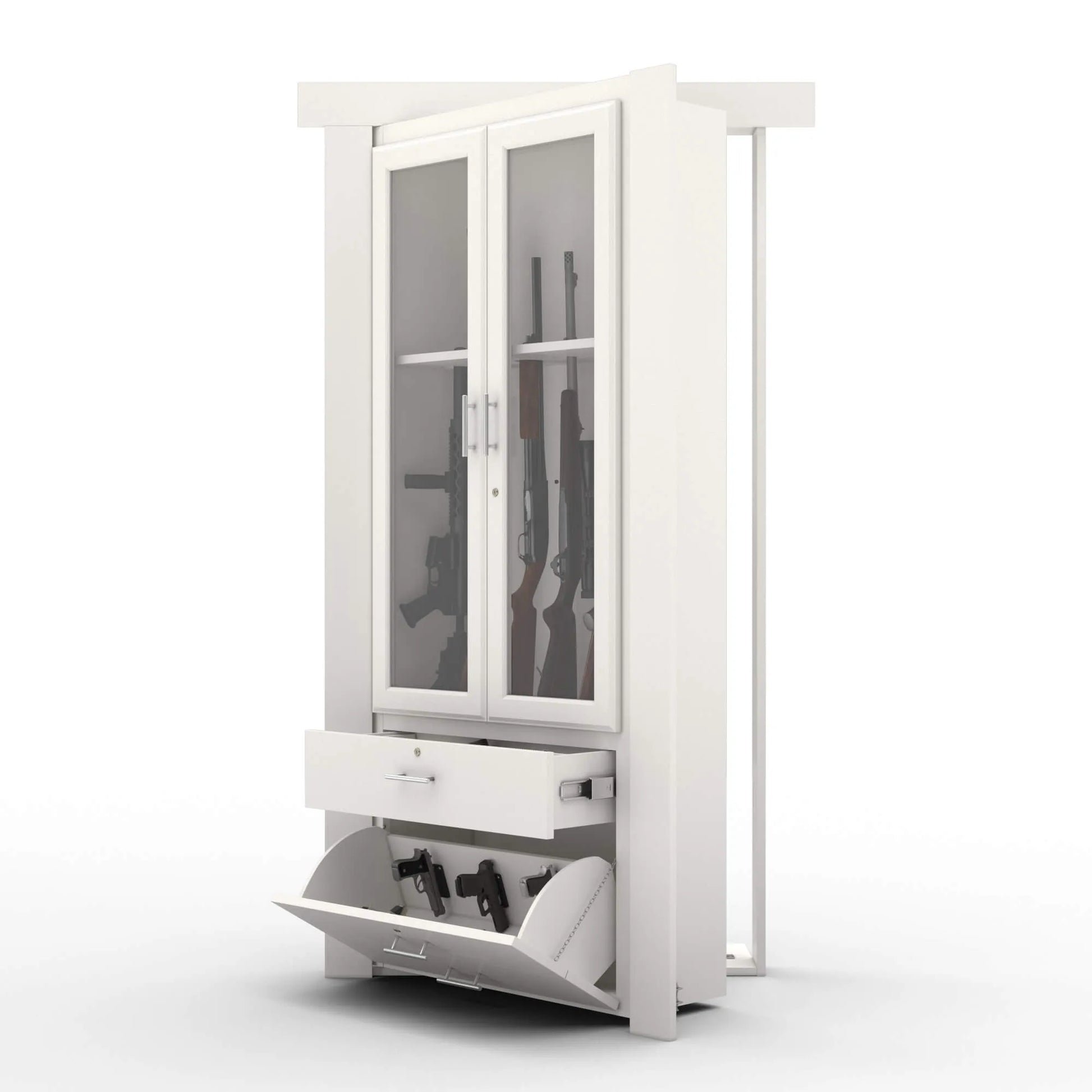 Murphy Door® white gun cabinet with glass doors, pull-out drawer, and tilt-out compartment for secure firearm storage.