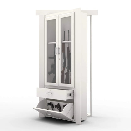 Murphy Door® white gun cabinet with glass-front display, storage drawer, and hidden compartment for firearms.