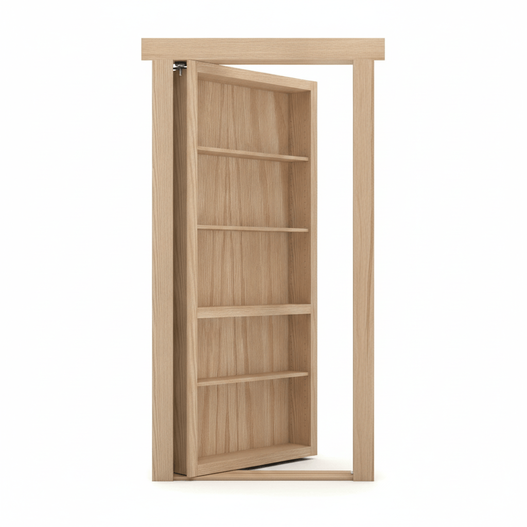 Oak / Natural Stain finish variation for Murphy Door® white hidden bookcase door, partially open, revealing adjustable shelves and doorway frame.