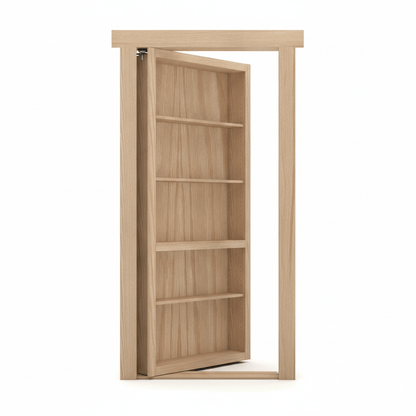 Oak / Natural Stain finish variation for Murphy Door® white hidden bookcase door, partially open, revealing adjustable shelves and doorway frame.