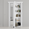 Murphy Door® white secret bookcase door, open, filled with books and decor, revealing a modern room beyond.