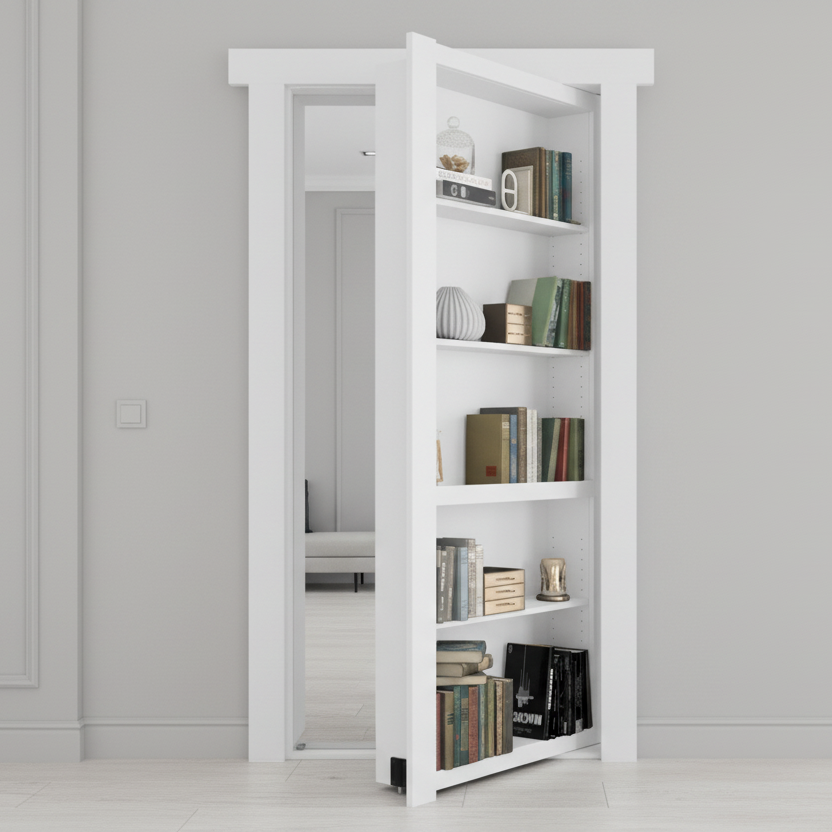 Murphy Door® white secret bookcase door, open, filled with books and decor, revealing a modern room beyond.