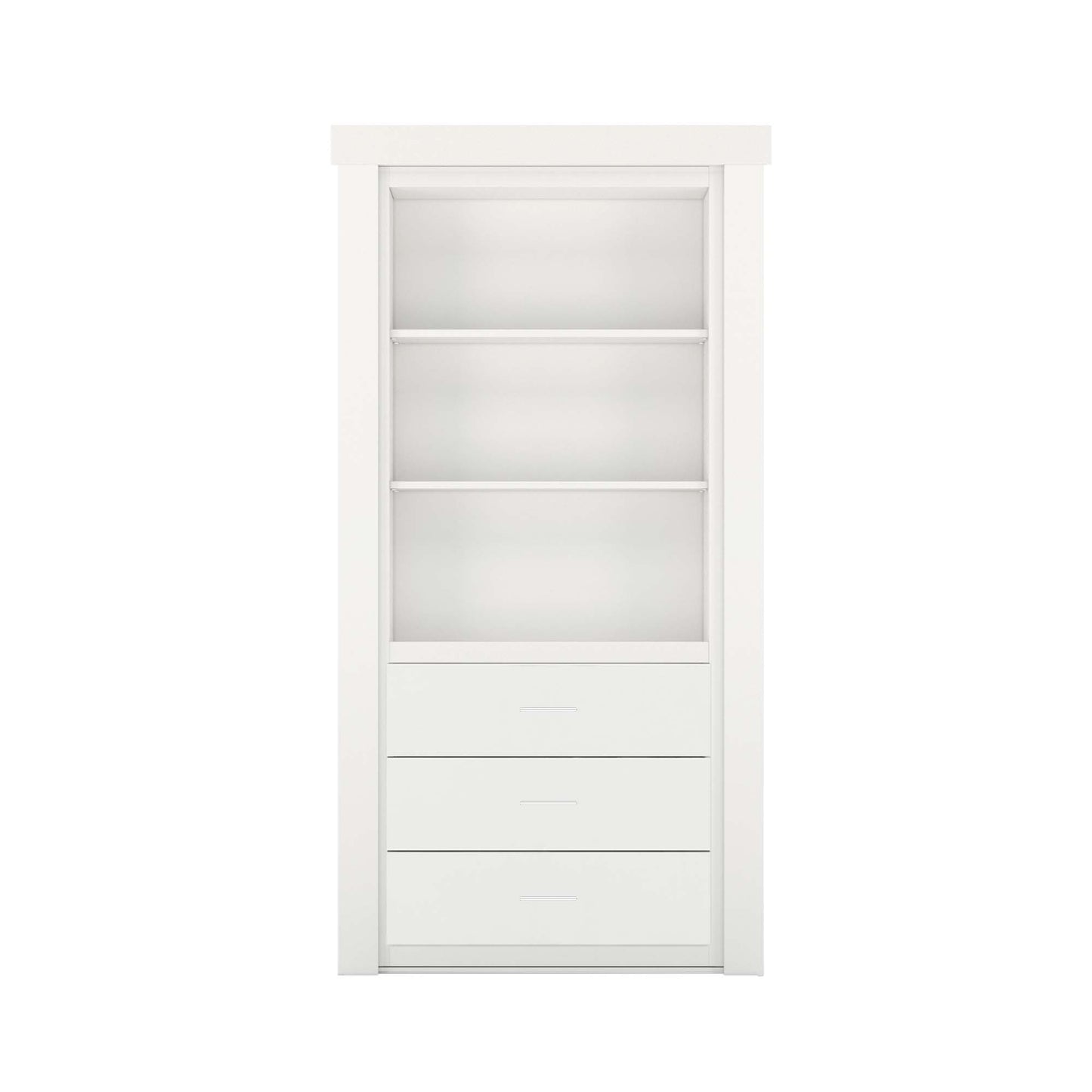 Murphy Door® white modern hidden door bookshelf with three open shelves and three integrated drawers.