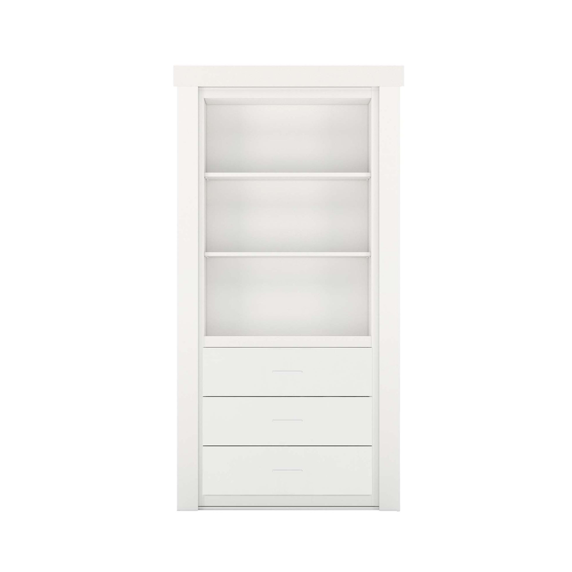 Murphy Door® white modern hidden door bookshelf with three open shelves and three integrated drawers.
