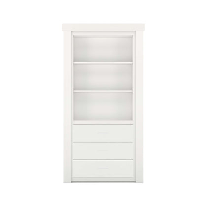 Murphy Door® white modern hidden door bookshelf with three open shelves and three integrated drawers.