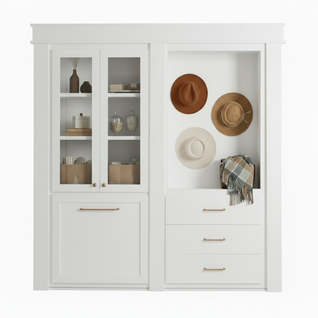 White Murphy Door® hidden cabinet with glass upper doors, lower panel door, open shelf with hats, & three drawers.