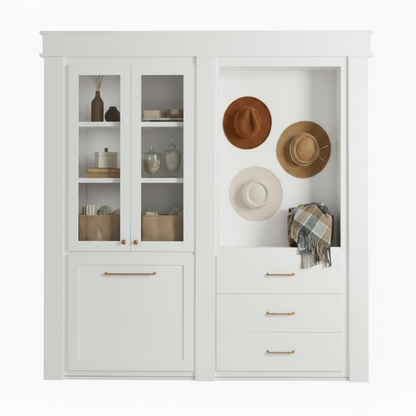 White Murphy Door® hidden cabinet with glass upper doors, lower panel door, open shelf with hats, & three drawers.