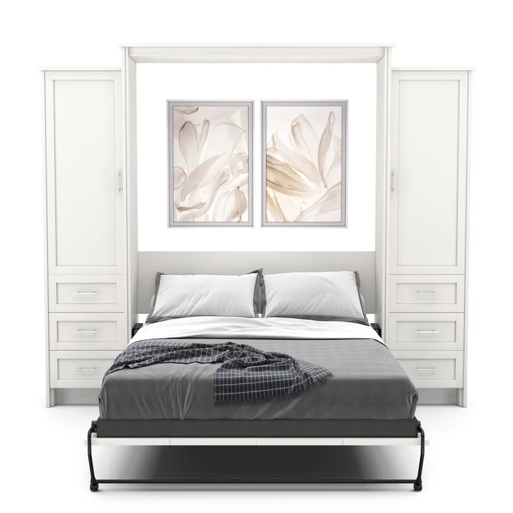 Murphy Door® elegant white wall bed unit with built-in storage cabinets, grey bedding, and soft floral artwork above.