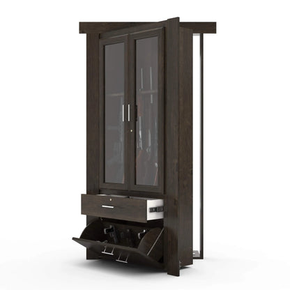 Murphy Door® wood gun cabinet with dark finish, glass display doors, storage drawer, and flip-down bottom compartment.