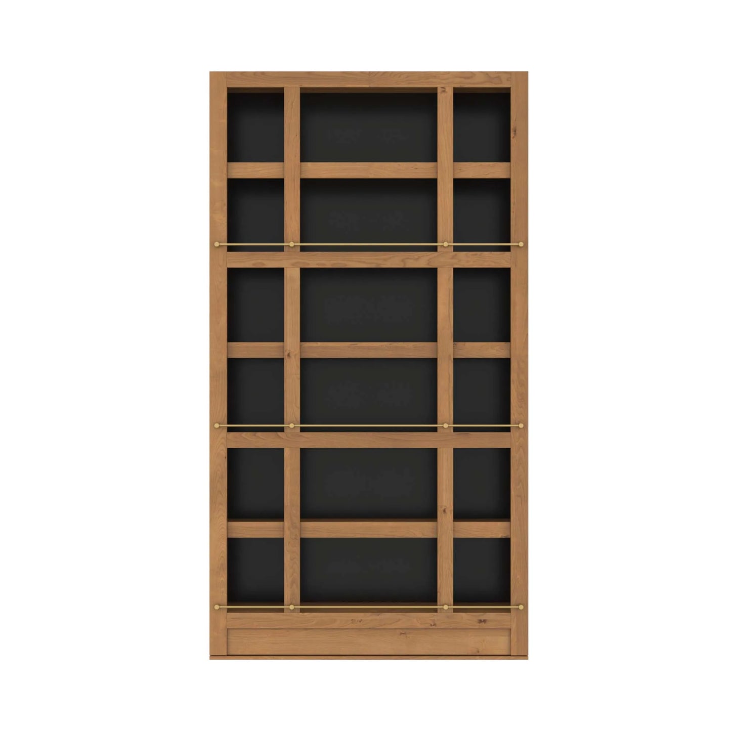 Murphy Door® wooden bookcase with black backing, featuring multiple shelves and brass rods in a modern grid pattern.