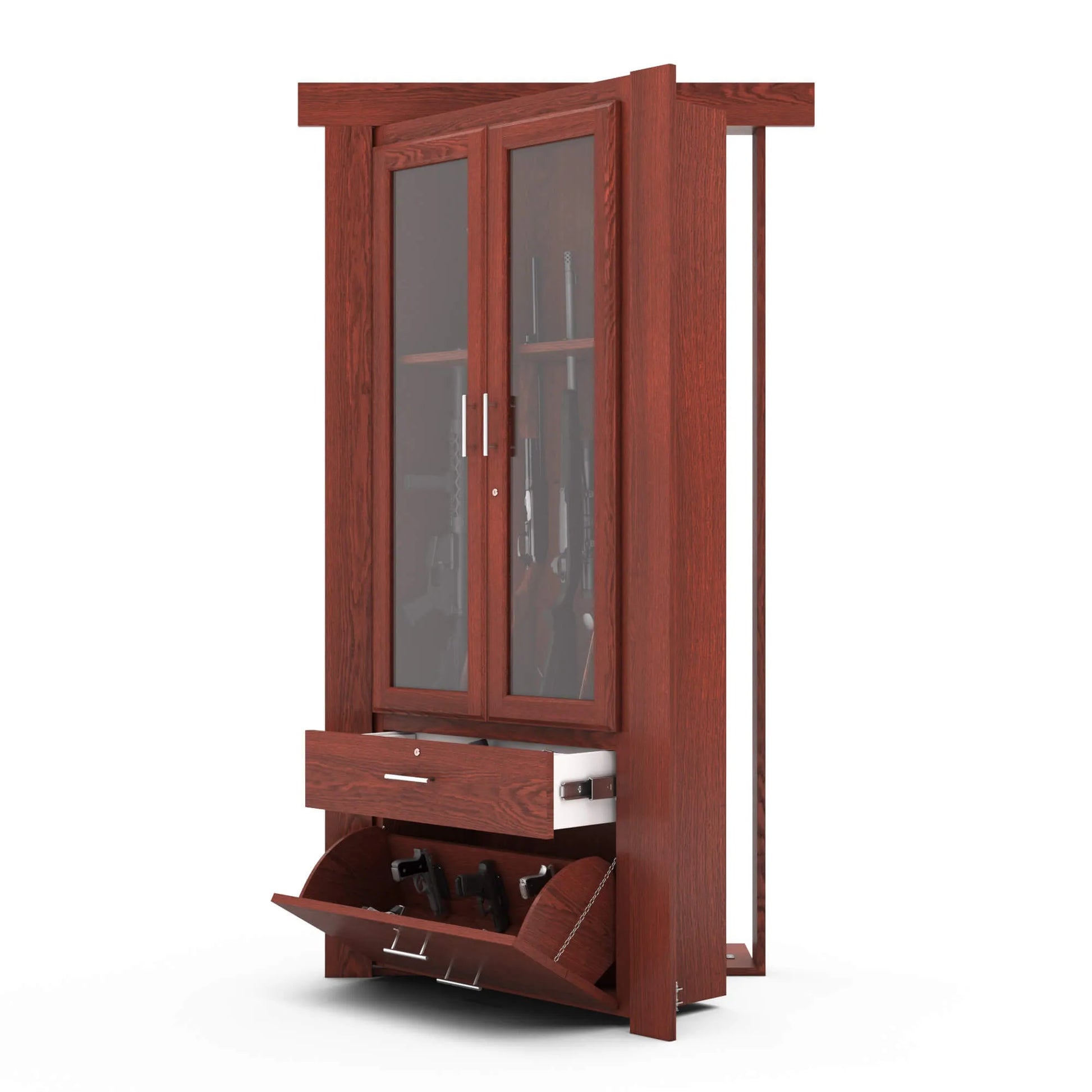 Murphy Door® wooden gun cabinet in cherry finish with glass doors, storage drawer, and tilt-out bottom compartment for firearms.