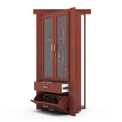 Murphy Door® wooden gun cabinet in cherry finish with glass doors, storage drawer, and tilt-out bottom compartment for firearms.