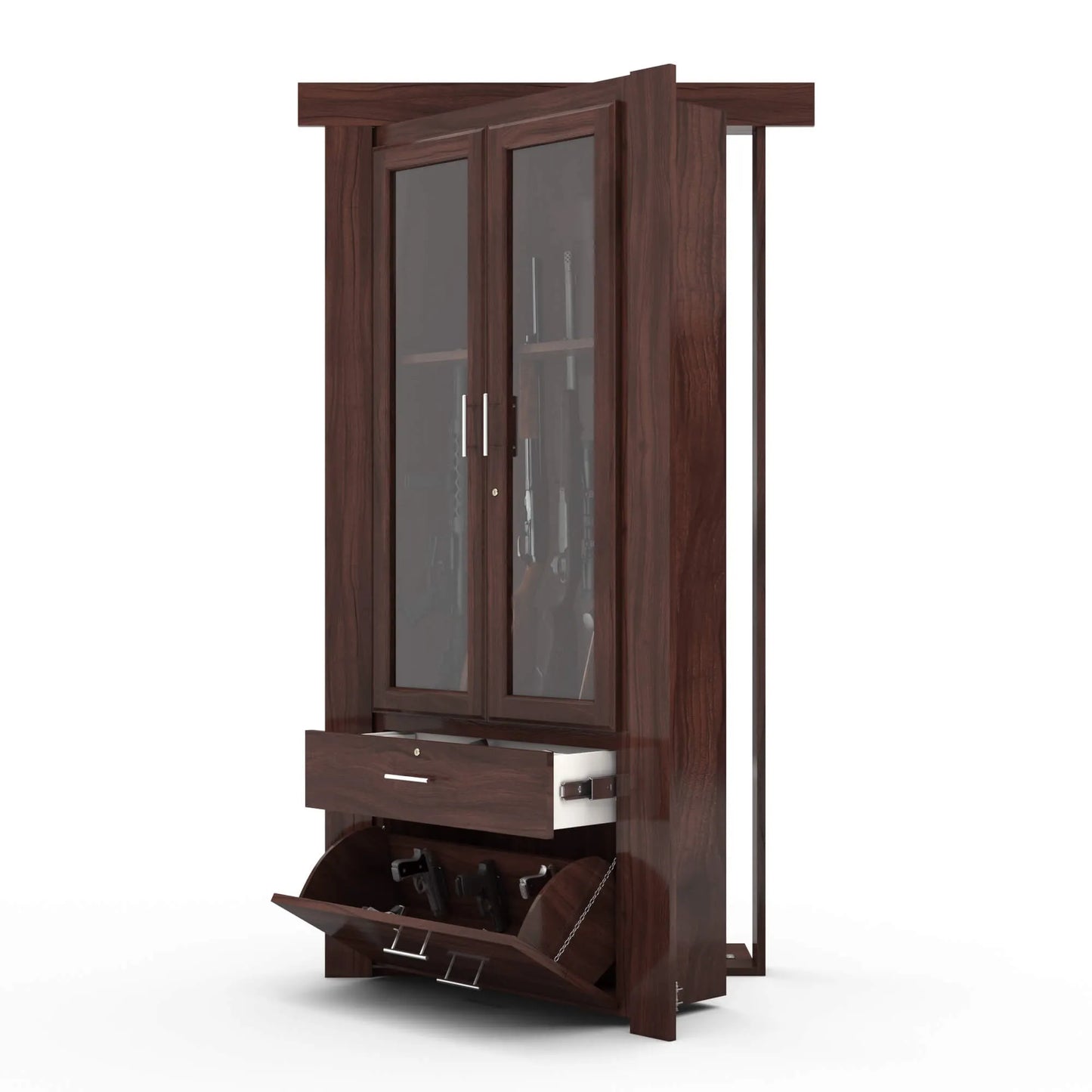 Murphy Door® wooden gun cabinet with dark walnut finish, glass doors, storage drawer, and tilt-out compartment for firearms.