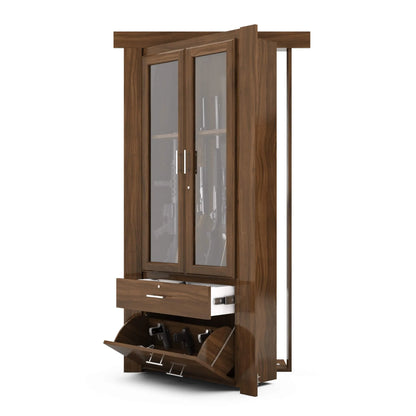 Murphy Door® wooden gun cabinet with glass display doors, drawer storage, and bottom compartment in walnut finish.