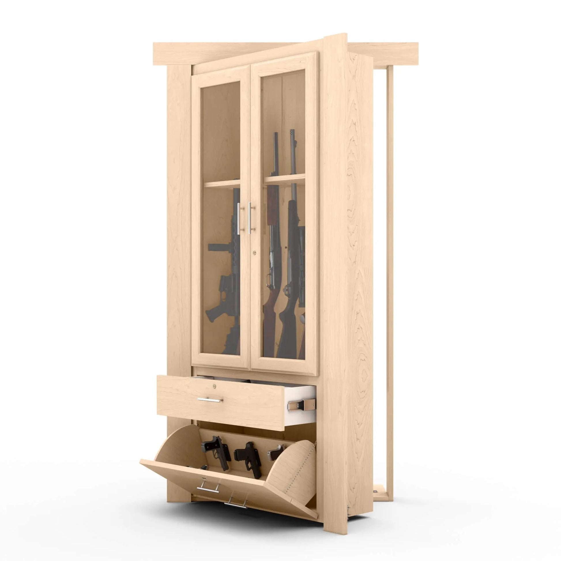 Murphy Door® wooden gun cabinet with glass display doors, pull-out drawer, and tilting compartment for firearm storage.