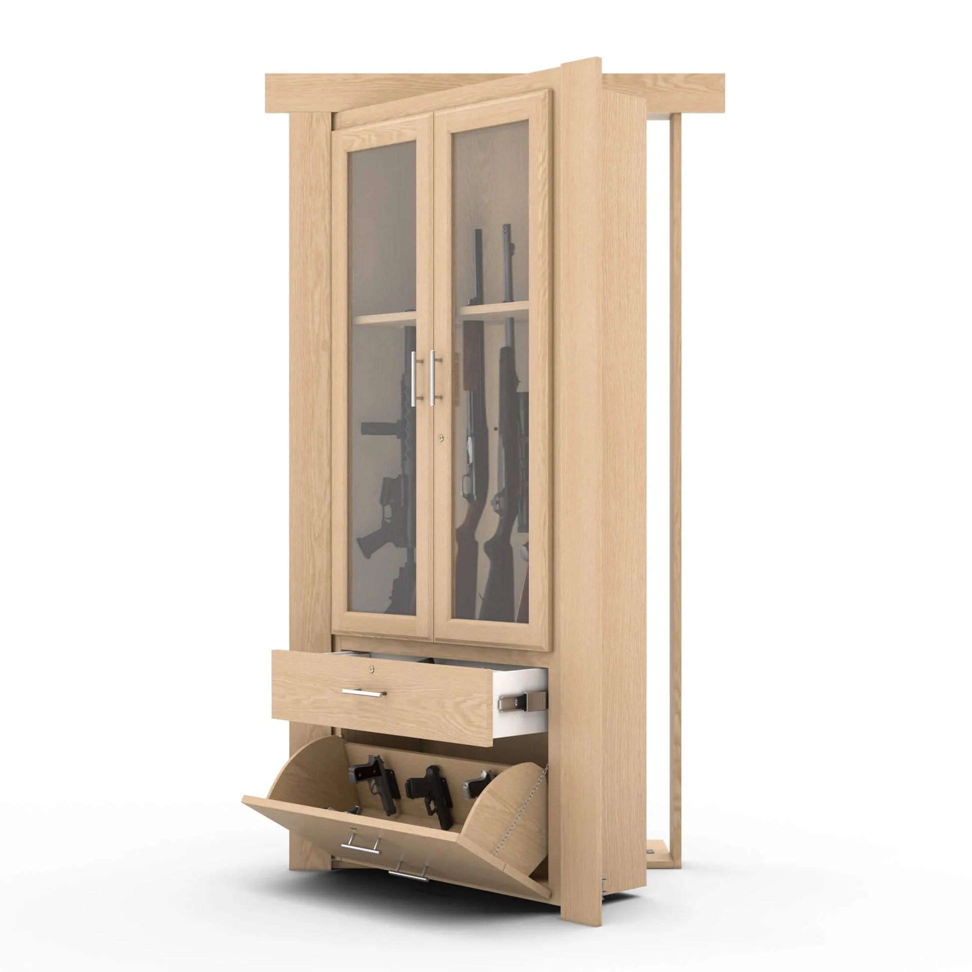 Murphy Door® wooden gun cabinet with glass display, pull-out drawer, and tilt-out storage in light oak finish.