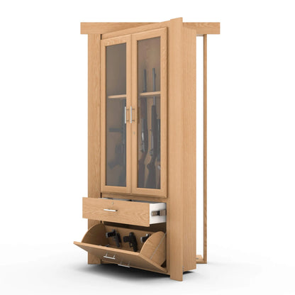 Murphy Door® wooden gun cabinet with glass doors, storage drawer and tilt-out compartment in light oak finish.