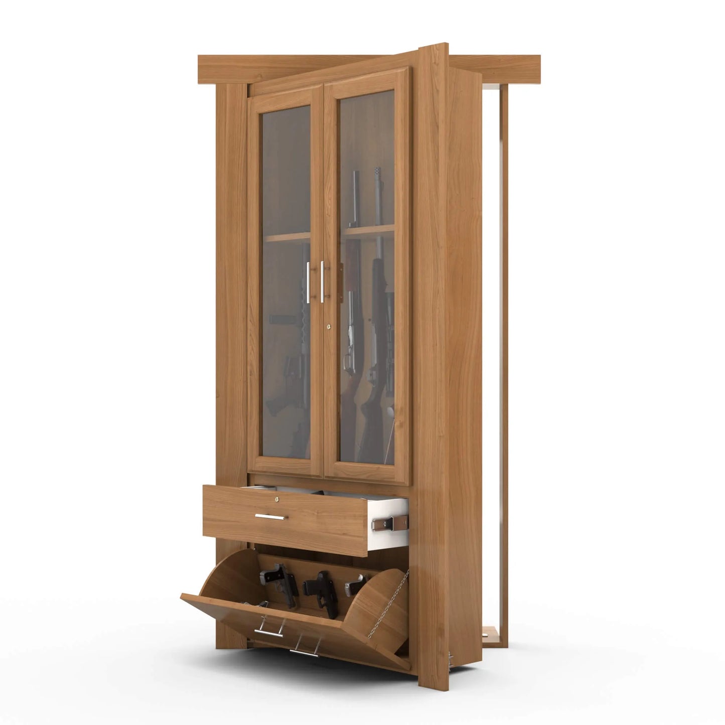 Murphy Door® wooden gun cabinet with glass doors, pull-out drawer, and tip-out storage compartment in light oak finish.