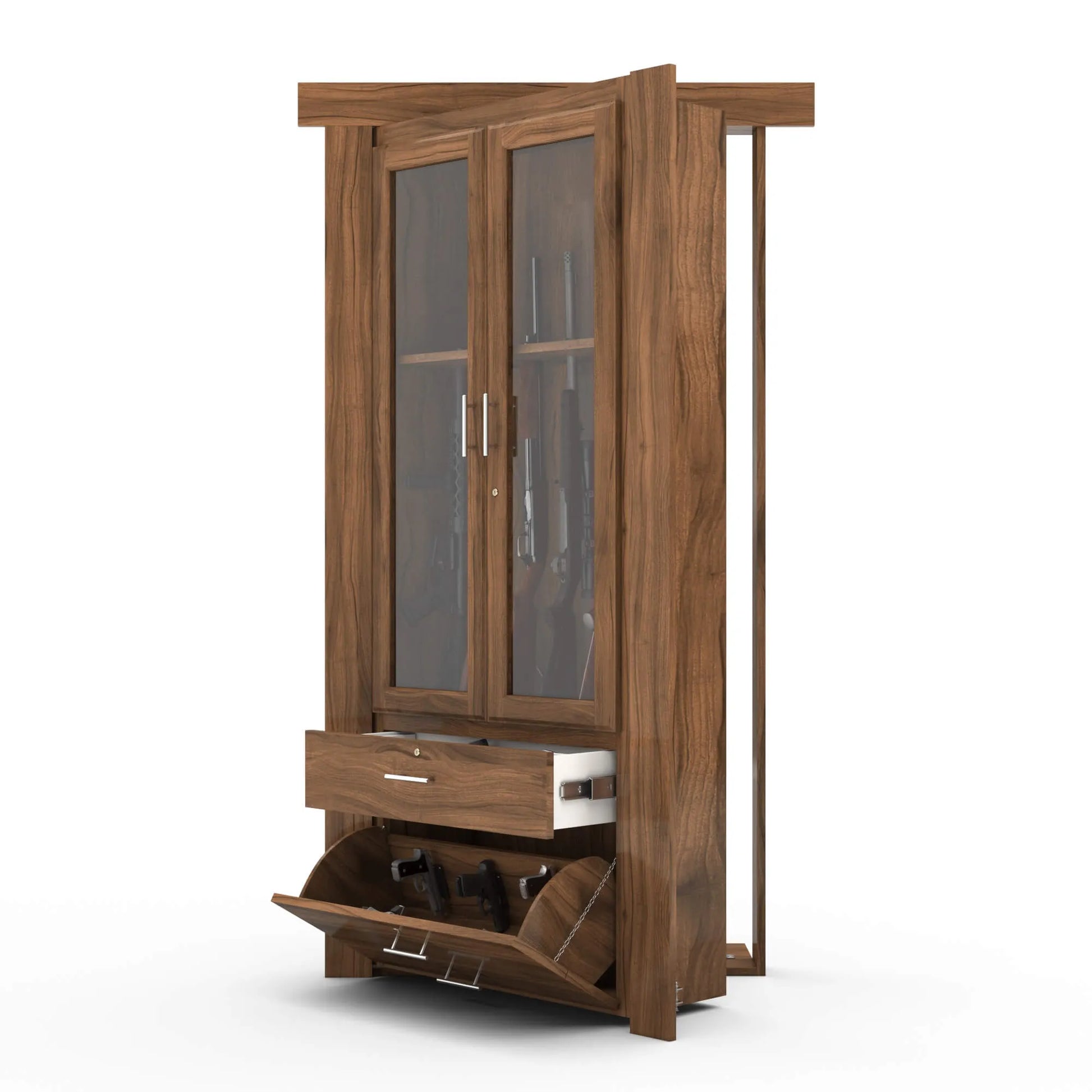 Murphy Door® wooden gun cabinet with glass doors, partially open drawer, and tilt-out compartment in walnut finish.