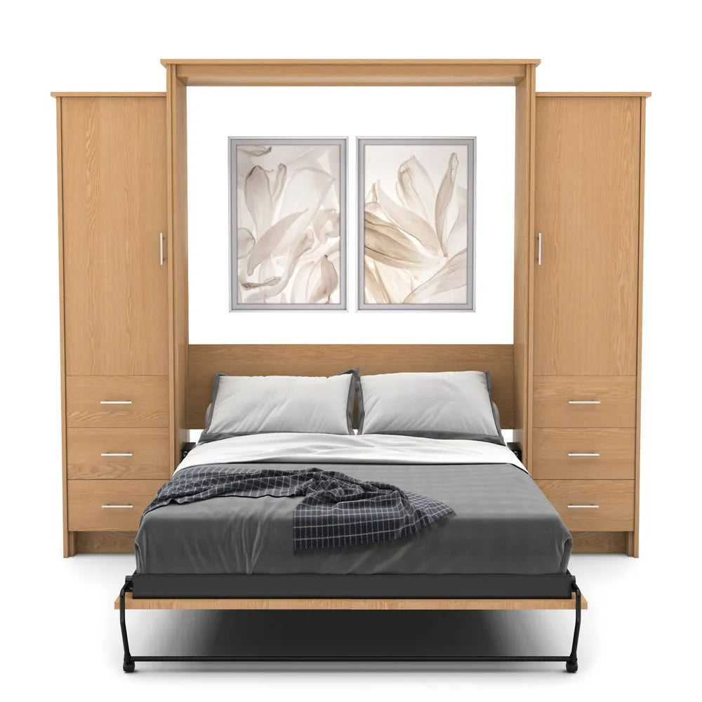 Murphy Door® wooden wall bed frame with built-in side storage cabinets, featuring gray bedding and decorative floral artwork above.
