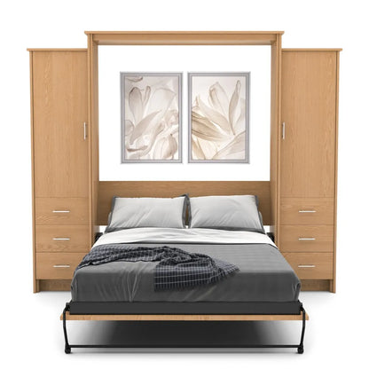 Murphy Door® wooden wall bed frame with built-in side storage cabinets, featuring gray bedding and decorative floral artwork above.