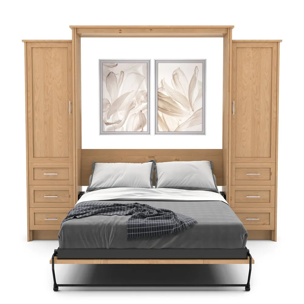 Murphy Door® wooden wall bed with built-in storage cabinets, gray bedding, and minimalist floral artwork above the headboard.