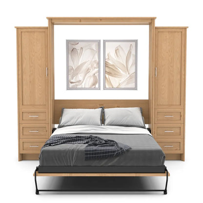Murphy Door® wooden wall bed with built-in storage cabinets, gray bedding, and minimalist floral artwork above the headboard.