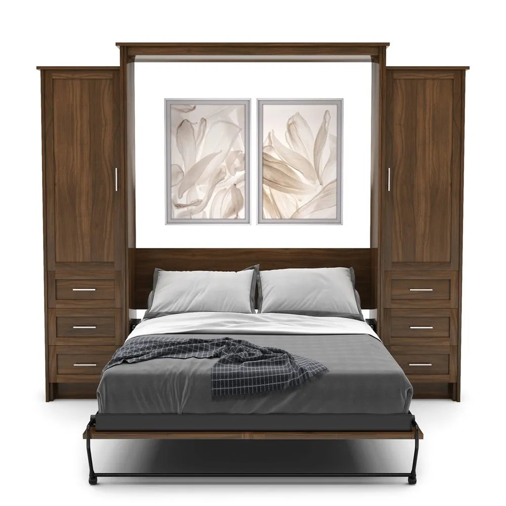 Murphy Door® wooden wall bed unit with built-in storage cabinets, gray bedding, and framed floral artwork above the headboard.