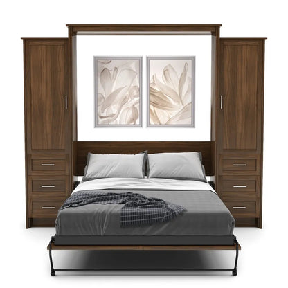 Murphy Door® wooden wall bed unit with built-in storage cabinets, gray bedding, and framed floral artwork above the headboard.