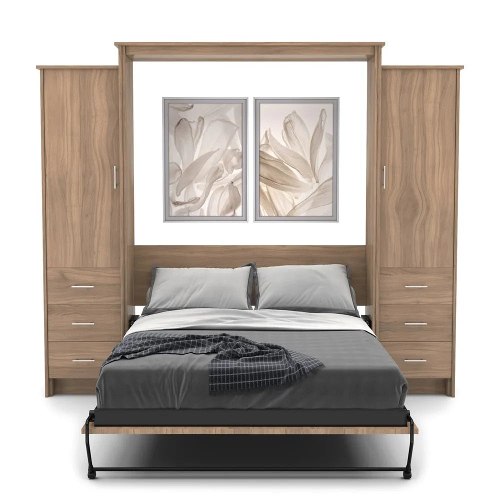 Murphy Door® wall bed with wooden frame, built-in storage cabinets, gray bedding, and floral artwork above headboard.