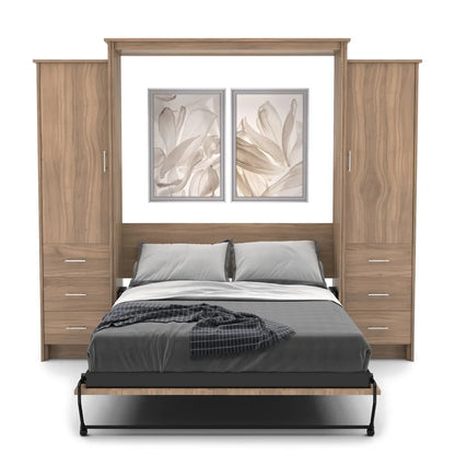Murphy Door® wall bed with wooden frame, built-in storage cabinets, gray bedding, and floral artwork above headboard.