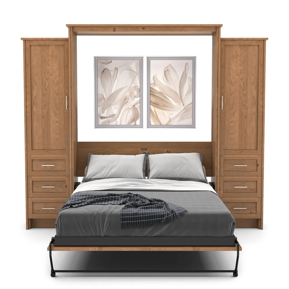 Murphy Door® wooden wall bed with integrated storage cabinets, drawers, and floral artwork in natural oak finish with gray bedding.