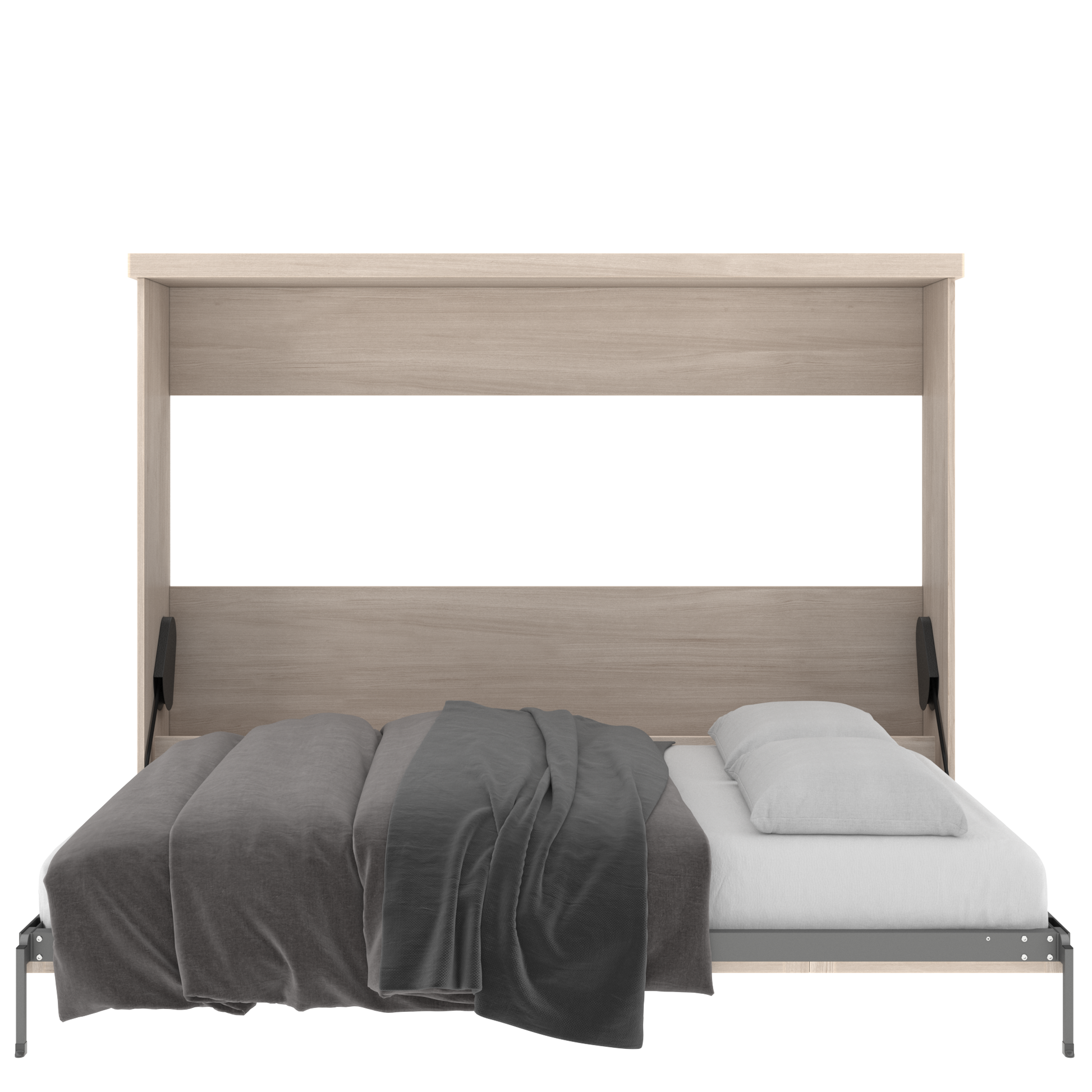 Murphy Door® light wood wall bed, open to reveal a bed with a gray blanket and white pillow.