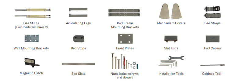 Murphy Door® wall bed components including gas struts, brackets, hardware, slats, and installation tools for DIY assembly.