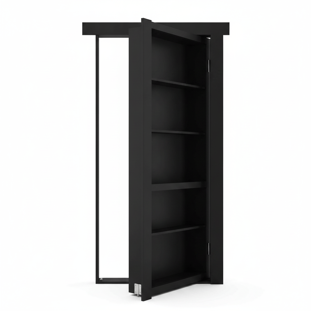 Black Murphy Door® modern hidden bookcase door, open with shelves & revealing frame.