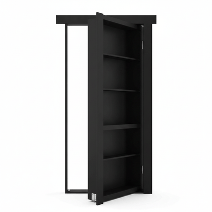 Black Murphy Door® modern hidden bookcase door, open with shelves & revealing frame.