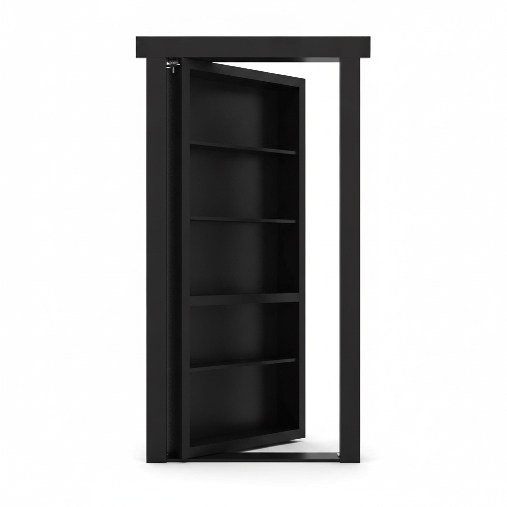 Black Murphy Door® hidden bookcase door, partially open, with five shelves, set in a door frame.
