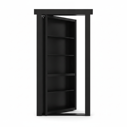 Black Murphy Door® hidden bookcase door, partially open, with five shelves, set in a door frame.