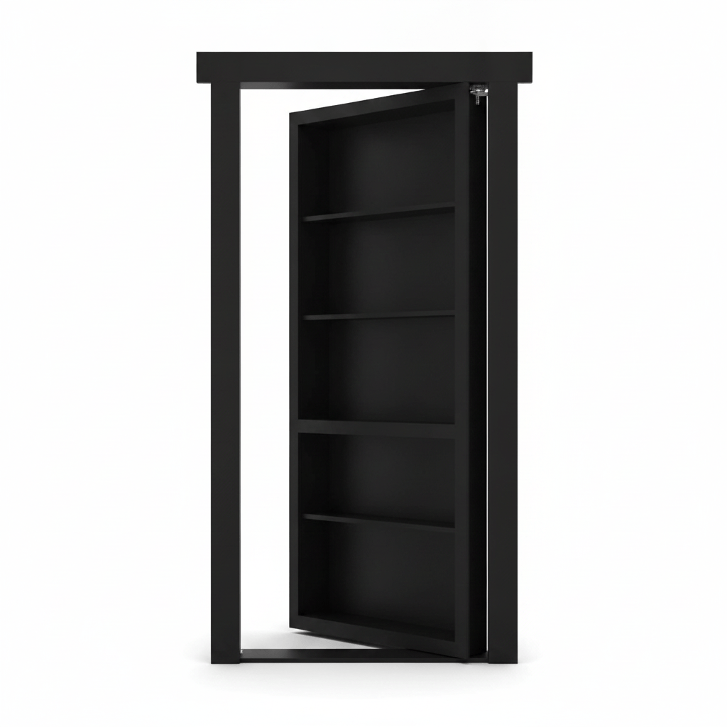 Black Murphy Door® hidden bookcase door, slightly open, revealing multiple empty shelves.