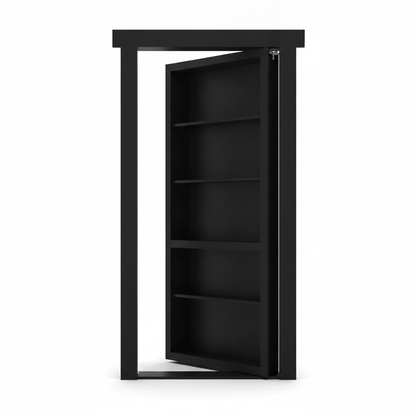 Black Murphy Door® hidden bookcase door, slightly open, revealing five interior shelves.
